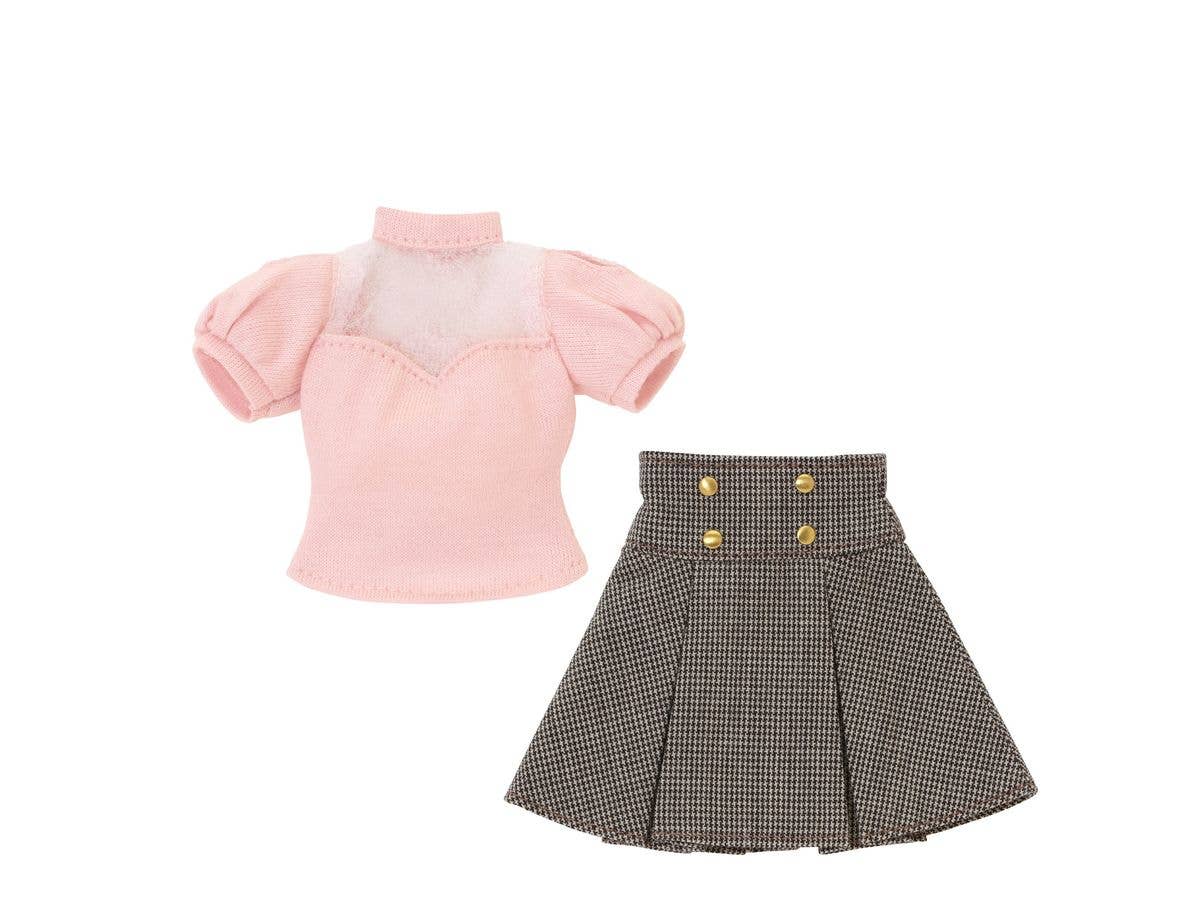 Q'z Decollete Sheer Top & Mini Skirt Set Pink x Brown Check