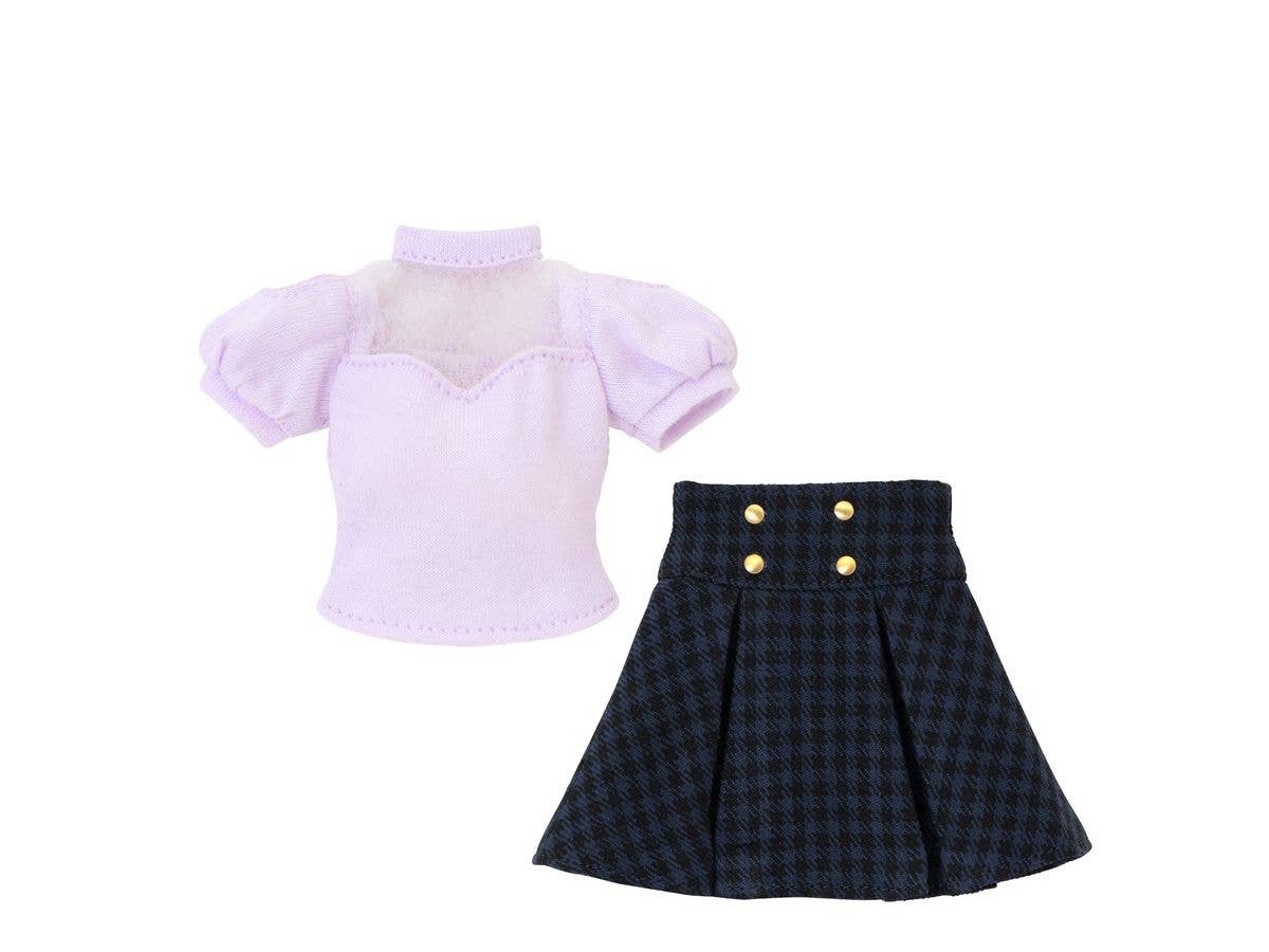 Q'z Decollete Sheer Top & Mini Skirt Set Purple x Navy Check