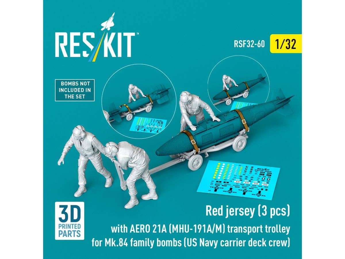 Red jerseys (3 pcs) with AERO 21A (MHU-191A/M) transport trolley for Mk.84 family bombs (US Navy carrier deck crew)