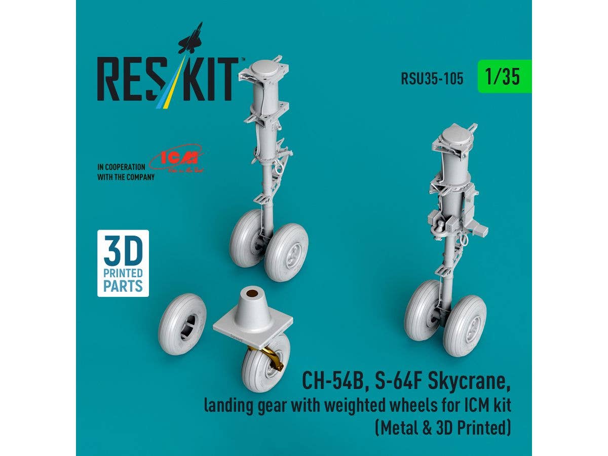 CH-54B, S-64F Skycrane, landing gear with weighted wheels for ICM kit (Metal & 3D Printed)