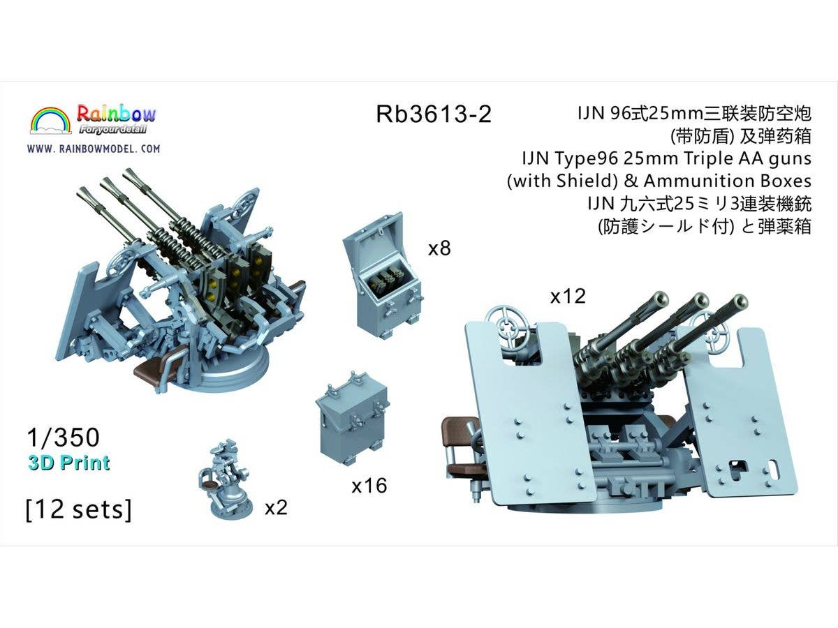 IJN Type 96 25mm Triple AA Guns with Shields (12pcs) & Ammo Boxes (16 Closed, 8 Open) with Fire Control Systems (2pcs)